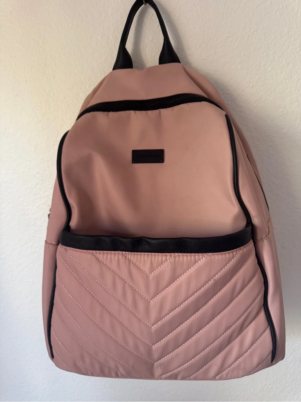 Steve Madden Blush Pink Quilted Front Backpack with Black Trim